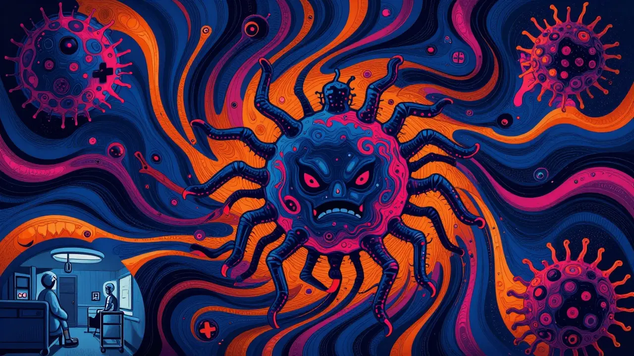 Abstract, colorful depiction of a menacing superbug in a distorted medical environment.