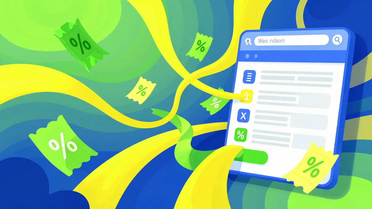 Abstract colorful illustration of floating discount coupons and digital savings symbols.