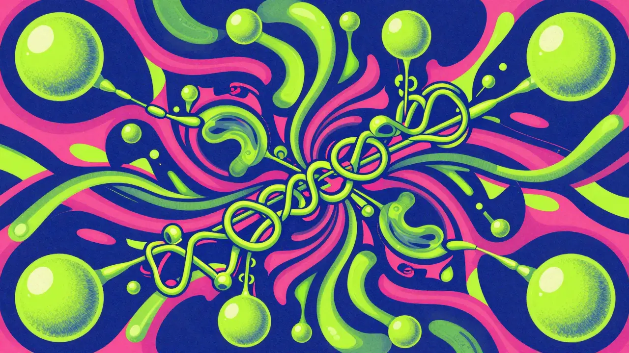 Abstract colorful illustration of liposomal bubbles and folding peptide structures.
