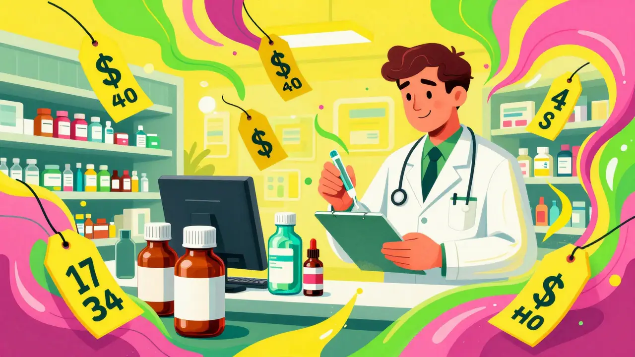 Abstract colorful illustration of pharmacy price comparisons and discount coupons.