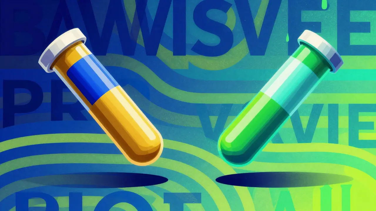 Abstract comparison of two medication tubes among swirling colorful shapes