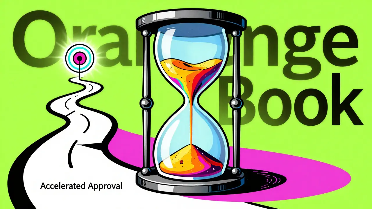 Abstract depiction of a winding path and an hourglass representing drug approval delays