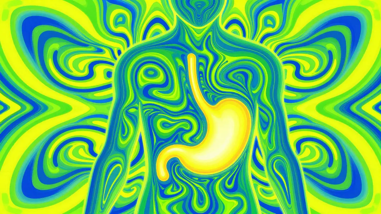 Abstract psychedelic artwork depicting a soothing effect on the stomach for acid reflux relief