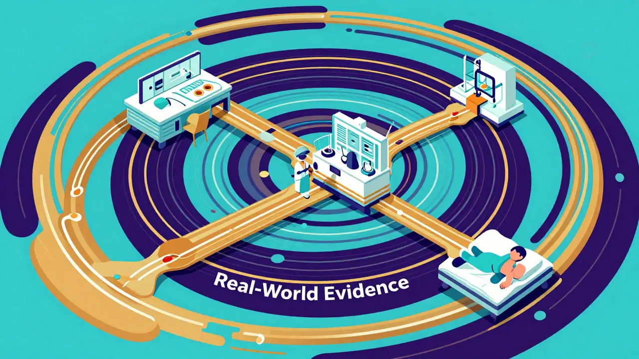 Flowing network of colorful data streams connecting healthcare elements