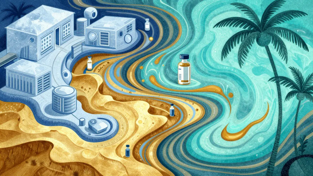 Stylized artistic map of different global climatic zones and drug storage environments.
