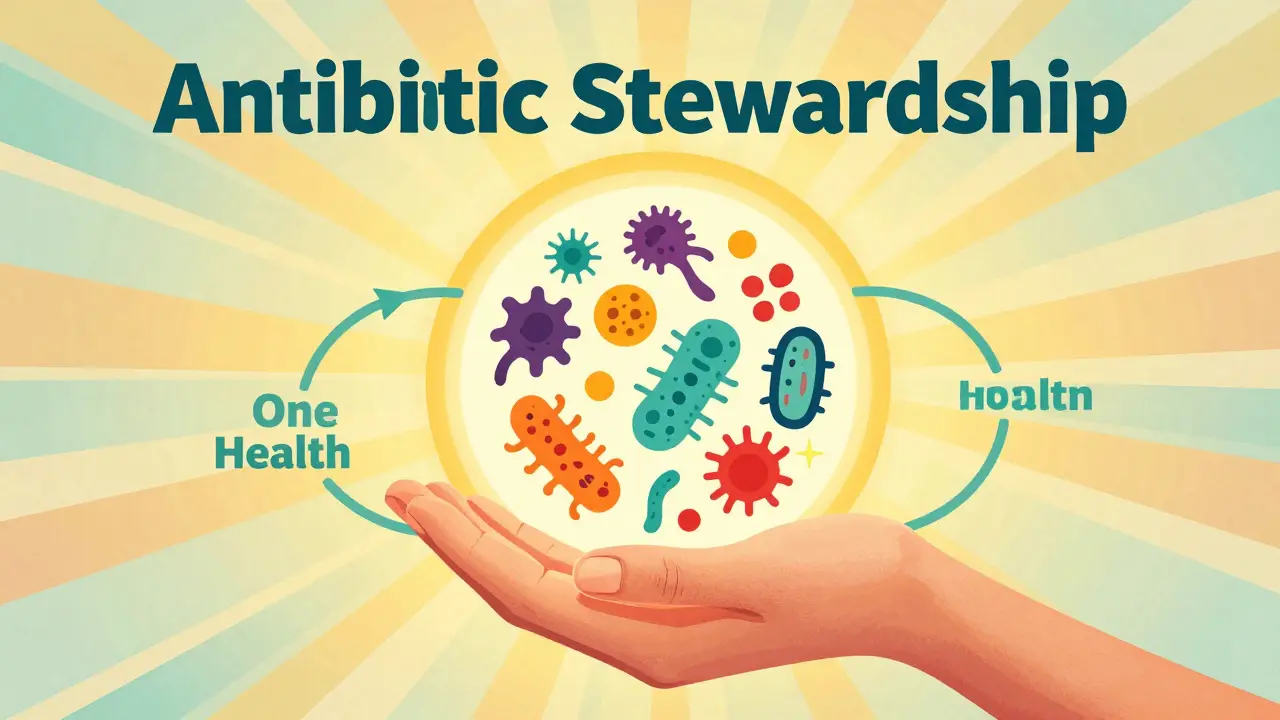 Stylized illustration of a hand protecting a healthy microbiome ecosystem.