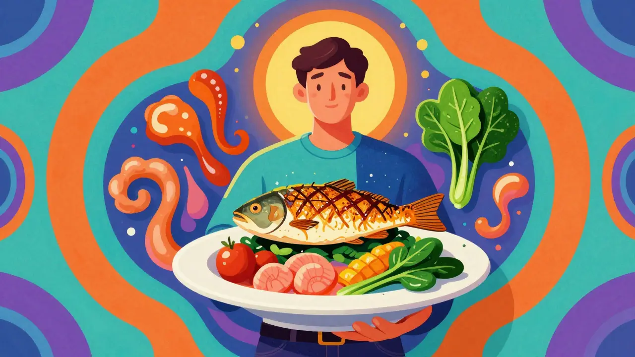 Stylized illustration of a person with safe foods surrounded by colorful, liquid-like psychedelic swirls