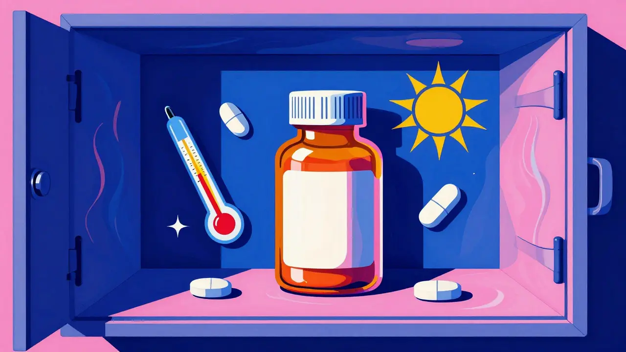 Surreal depiction of a medicine bottle and temperature symbols in a vibrant, flowing style.