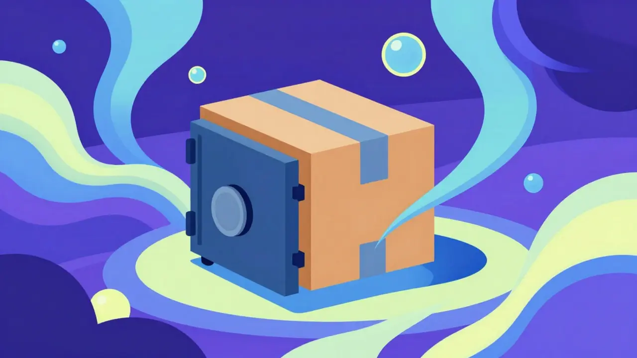 Surreal illustration of a delivered medicine package surrounded by fluid curves