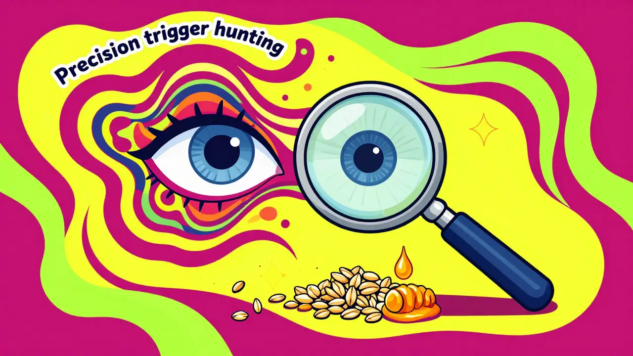 Surreal illustration of a magnifying glass examining food elements amidst flowing psychedelic patterns