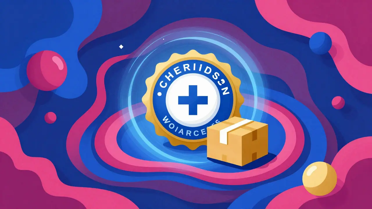Surreal illustration of a secure and verified online pharmacy package.